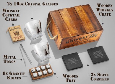 Hot selling Rustic Wooden Crate gfit box for reused ice cube stone whisky stone gift set including twist wine glass stone coaster
