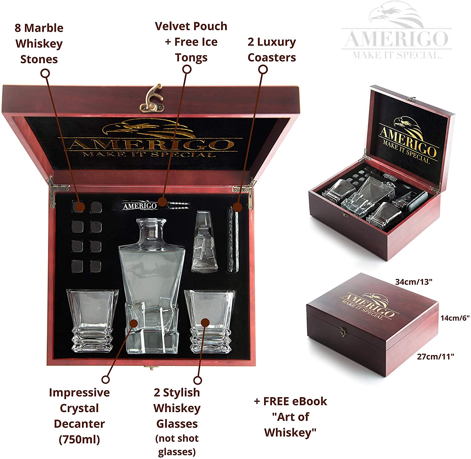 Amerigo Exclusive Whiskey Stones - Whiskey Glass Set + 8 Stainless Steel