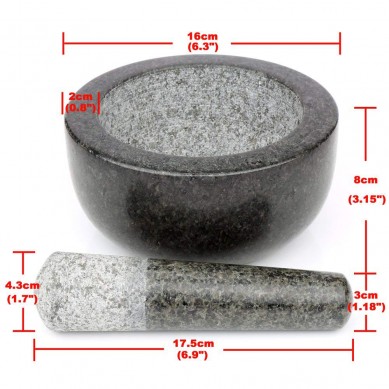 SHUNSTONE Pestle and Mortar Set Premium Solid Granite Stone Large Black 16cm Diameter