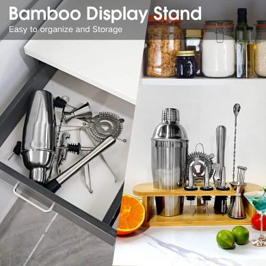 Professional Bar Tools for Drink Mixing Bartender Kit Cocktail Shaker Set  stainless steel bar tools cocktail shaker bar tools set with bamboo wood stand