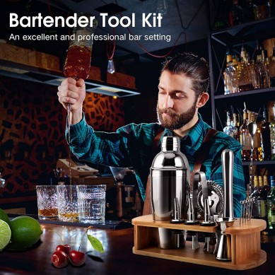 Professional Bar Tools for Drink Mixing Bartender Kit Cocktail Shaker Set  stainless steel bar tools cocktail shaker bar tools set with bamboo wood stand