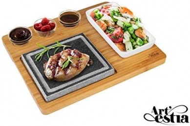 Steak cooking stone homeware gift set Black Lava Rock Sizzling Hot Plate With Bowls Gift Boxed