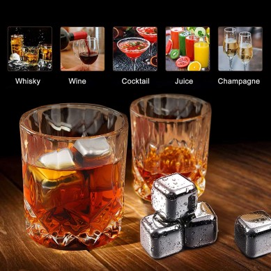 Whiskey Glass Set Stainless Steel Reusable Ice Cubes Classic Coasters men gift