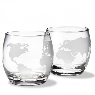 Etched Globe Whiskey Glasses 12 oz Set of 2