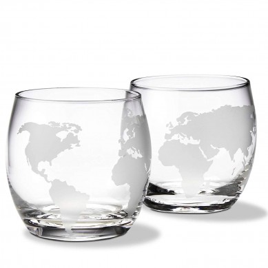 Etched Globe Whiskey Glasses 12 oz Set of 2