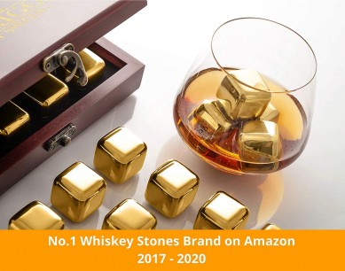 Gold Stainless Steel Whiskey Stones Gift Set in Wooden Box Reusable Ice Cubes for Drinks