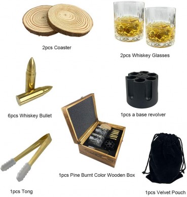 Premium Whiskey Stones Gift Set golden stainless bullet whiskey stone Whiskey Glasses Wooden tree Coasters TongsPremium Set in Pine Wooden Box