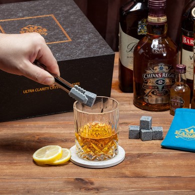 Whiskey Stone Gift Set For Men Bourbon Glass and Stones Set With Gifts Box Granite Chilling Rocks And 2 Crystal Scotch Tumblers Best Gifts For Fathers Day Dad Husband Party