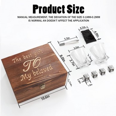 Whiskey Stones Gift Set for Men Stainless Steel Reusable Metal Ice Cubes Whiskey Glasses in Wooden Box