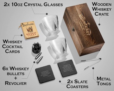 Whiskey Glass whisky Stone Set with Wooden Box Stainless Steel Whiskey Bullet Chillers