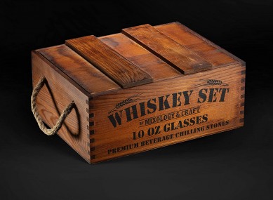 Hot selling Rustic Wooden Crate gfit box for reused ice cube stone whisky stone gift set including twist wine glass stone coaster