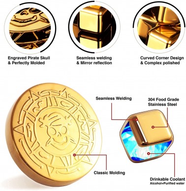Luksuslik kinkekomplekt Skull Gold Coin roostevabast terasest jahutuskividest viskikivid