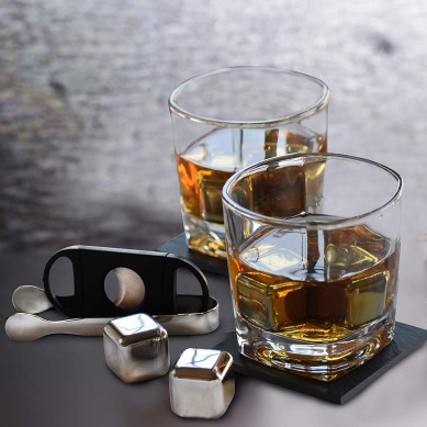 Father’s Day Gift Whisky Glass And Stone Set 2 Large Square Whiskey Glasses stainless steel Whisky Rocks Chilling Stones In Leather Box