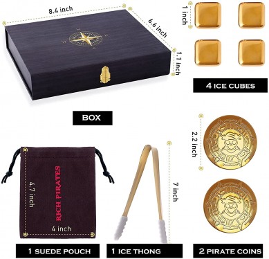 golden color Skull Coin shape Stainless Steel Reusable Chilling Rocks in luxury gift box