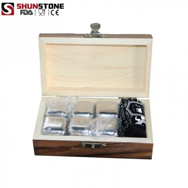 6 pcs of Stainless Steel Whiskey Stones Gift Set with 1 velvet bag  Support Logo Engraving Service