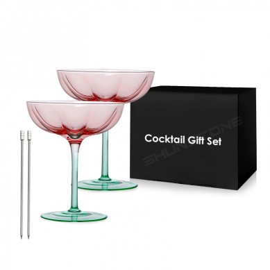 Creative Floral Shaped Beautiful Goblet Cocktail Dessert Glass Set with Cocktail Stick Gift Box Packing for Wedding Business