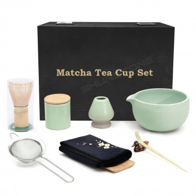 Shunstone Custom Business Corporate Gift Set 9pcs Complete Glass Embossed Matcha Whisk Set in Modern Black Wooden Gift Bo