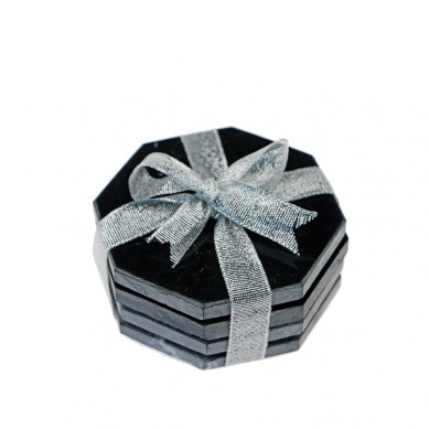 Set of 4 Pcs Hexagonal Black Marble Coasters with Glass and Custom Packaging box