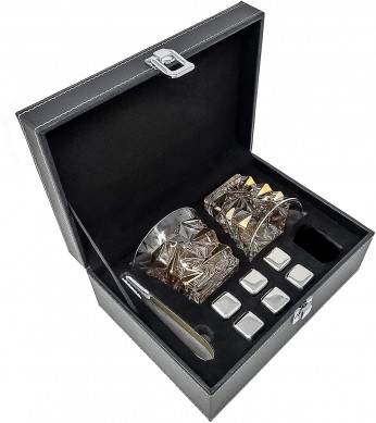 Khalase ea Premium Crystal Whisky Set Stainless Steel Chilling Stones Quality Serving Tongs