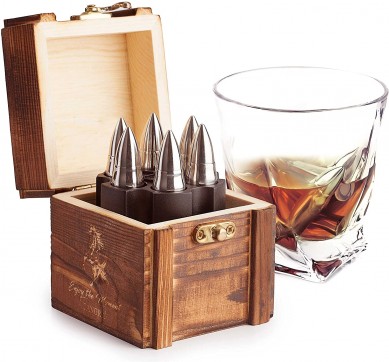 Stainless Steel Whiskey Stones Bullets Reusable Chilling Stone Ice Cubes in wooden box