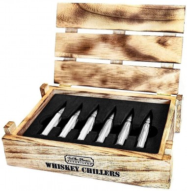 WOOD BOX WHISKEY STONES EXTRA LARGE STAINLESS STEEL SILVER BULLETS