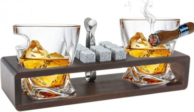 Old Fashioned Cigar Whiskey Glasses Cigar Rest Gift Set bar accessories on Wooden Tray
