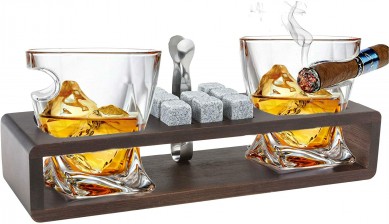 Old Fashioned Cigar Whisky Glasses Cigar Rest Gift Set Akcesoria barowe na drewnianej tacy