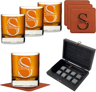 Personalized Scotch Whiskey Glasses Set Bourbon Drinking Whisky stone Gift for Men