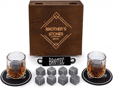 Whiskey Stones and Glass Set Granite Whisky Rocks Crystal Shot Glasses in Wooden Box