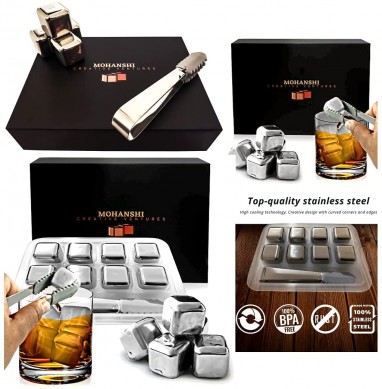 Set de caixa de regalo de luxo Whisky Stones Cubos de xeo reutilizables de aceiro inoxidable para beber