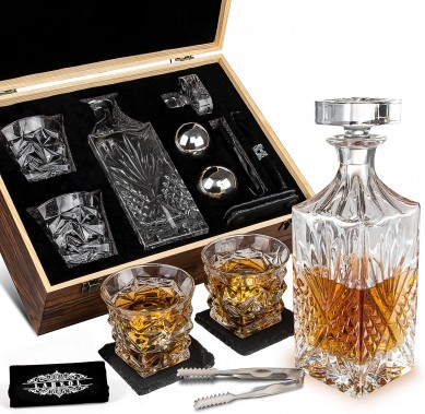 Whisky Decanter Nuċċalijiet Whisky f'Kaxxa tar-Rigali b'2 Ġebel tal-Whisky Stainless Steel li jistgħu jerġgħu jintużaw