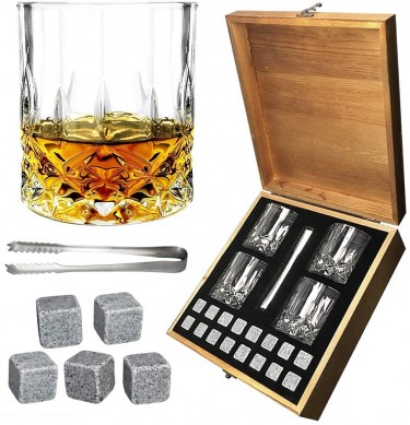 Lead free crystal Old Fashioned Glass whiskey stone and tong whole set by wooden box
