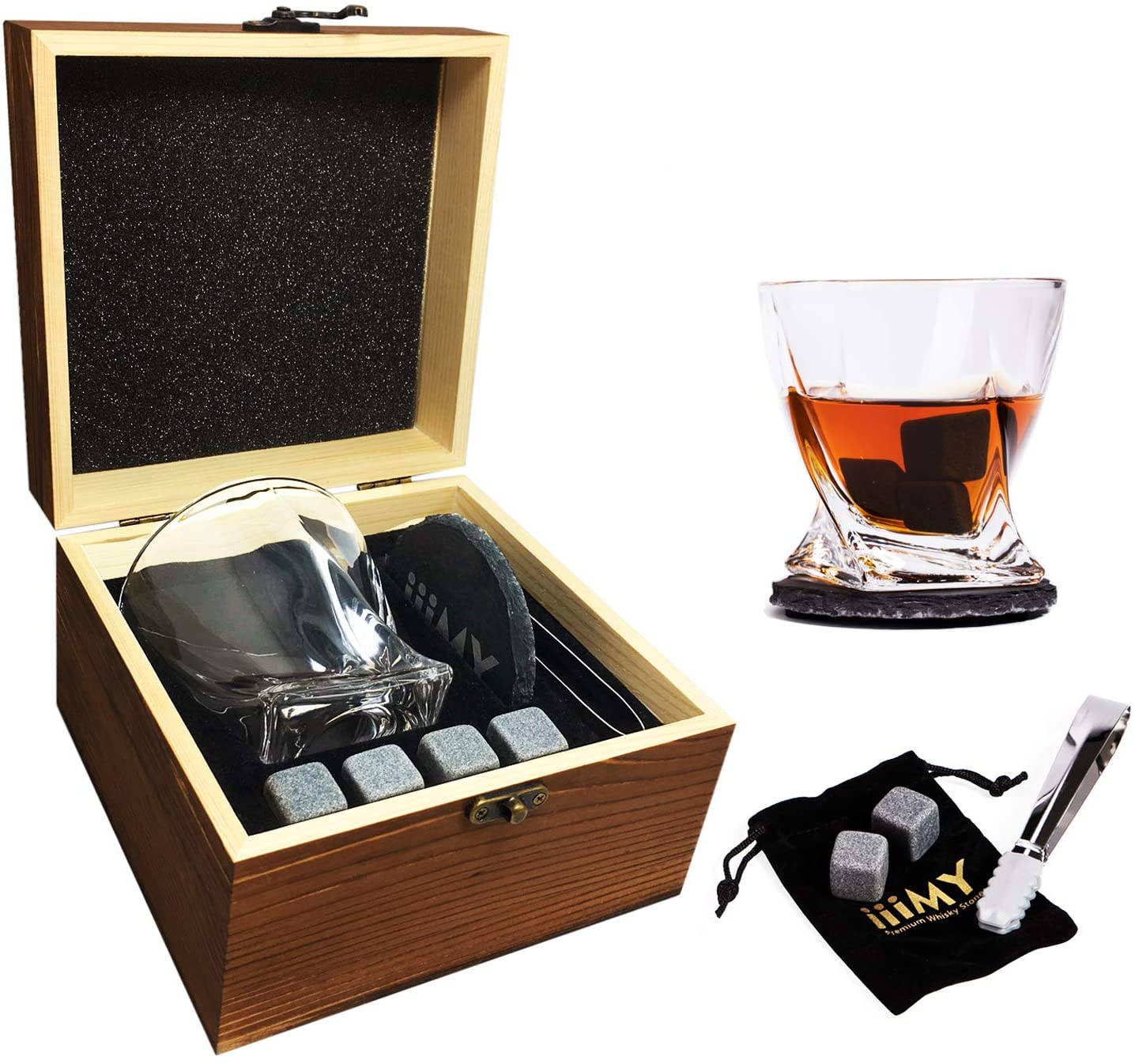 Wholesale Price China Glassware Gift Set - China whiskey stones factory twist wine glasses and whiskey stone gift set by luxury wooden box  – Shunstone