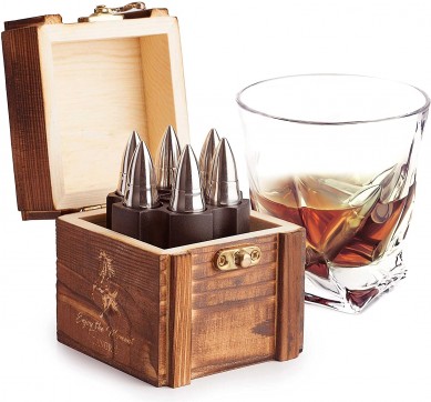 Stainles steel bullet Whiskey Stones Gift Set custom ice cube stone gift set by wooden box