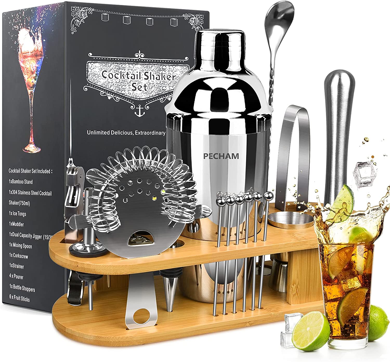Factory source Ice Cubes Stone - Cocktail Shaker Set 750ml Stainless Steel Bar Tools Set with Bamboo Stand Premium Bar tendering Tool for Home – Shunstone