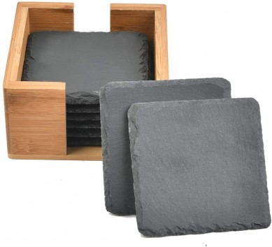 Natural Slate Coasters Ferkantaðir borðmottur Svartar dýnur Drykkjarbakkar úr náttúrusteini með viðarhaldara fyrir drykki