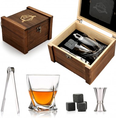 Kachasị ere ochie Glass granite whiskey nkume Scotch Bourbon Whiskey Glass na Igbe osisi Set
