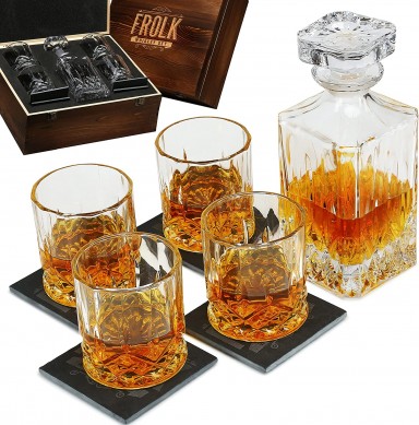 Whiskey Decanter and wine Glass Set  4 Extra Large Scotch Old Fashion Glasses Stone Coasters with wooden box