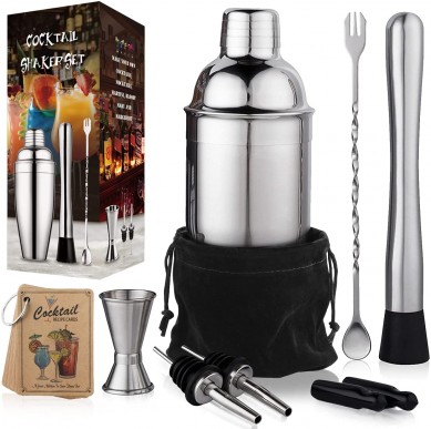 24 oz Cocktail Shaker Teeb Bartender Cov Khoom Siv Stainless Hlau Martini Shaker Mixing Diav Muddler Ntsuas Jigger