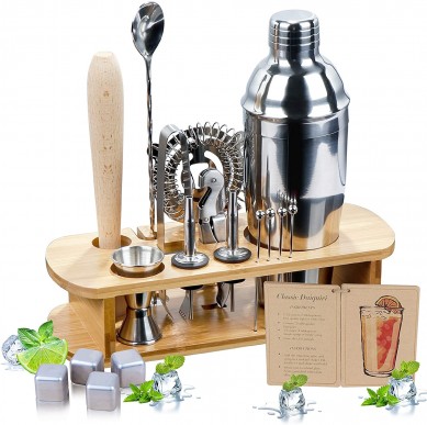 Perfect Home Bar Party Bartending Kit Cocktail Shaker Set with Bamboo Stand Martini Shaker Bar Tools Set
