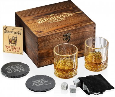 10 oz Whiskey Glasses 8 Granite Chilling Rocks Slate Coasters Metal Tong  in Rustic Wooden Crate