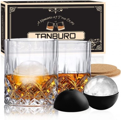 Bicchieri da whisky à l'ancienne à l'ancienne, verres à whisky en cristal Scotch Bourbon, cadeau avec moule à boules de glace et sous-verres