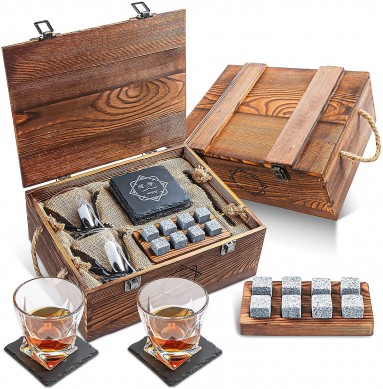 2 Whiskey Glasses, 8 Whiskey Stones and 2 Slate Coasters in Wooden Box Whiskey Gift Sets for Men,