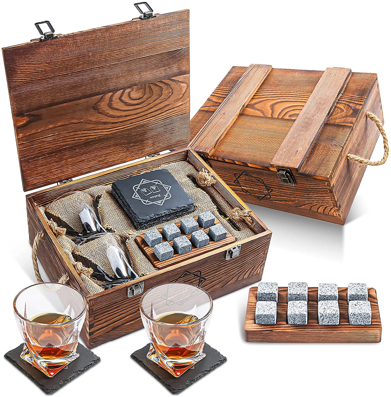 Factory Outlets Wine Chilling Cubes - 2 Whiskey Glasses, 8 Whiskey Stones and 2 Slate Coasters in Wooden Box Whiskey Gift Sets for Men,  – Shunstone