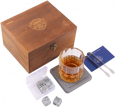 Pack of 6 Whisky Stones with Old Fashion Whisky Glass Drink Coaster Stainless Steel Tong in wooden box