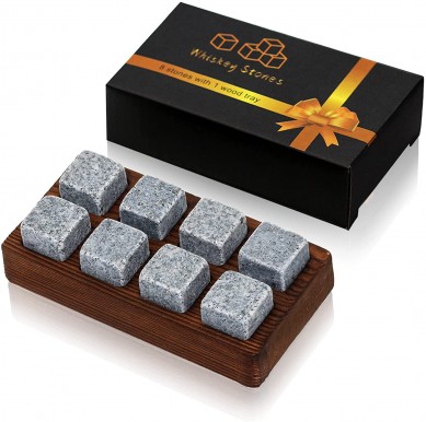 Reusable Natural Granite Whiskey Chilling Stones with Wooden Pallet Gift for Family  Friends in Christmas