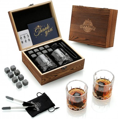 Whisky glass Scotch Glasses 8 Granite Chilling Rocks in Wooden Gift Box Burbon Present for Whisky Lovers