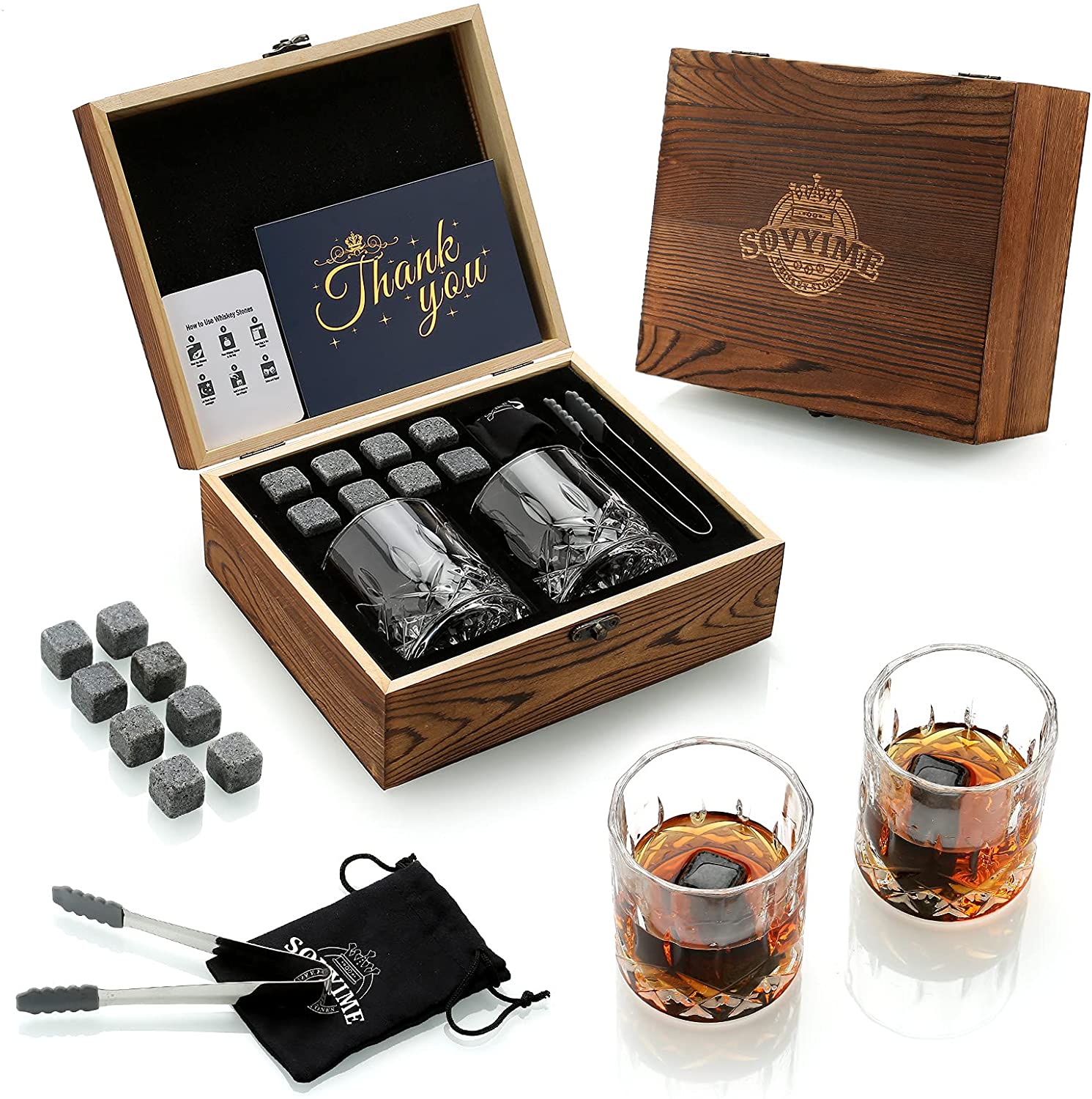 Whisky glass Scotch Glasses 8 Granite Chilling Rocks in Wooden Gift Box Burbon Present for Whisky Lovers Featured Image