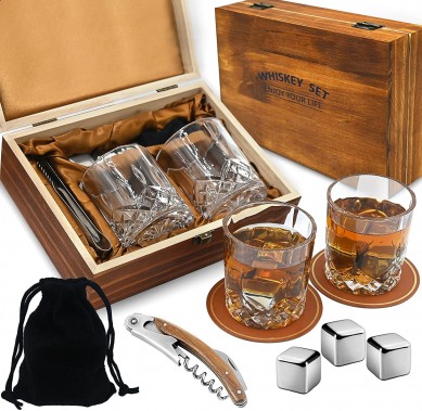 Bourbon Gifts for Men with 6 Stainless Steel Ice Cubes whisky glass wine opener accessories in wooden box