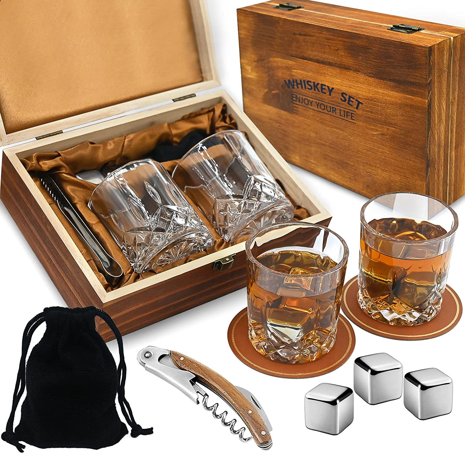High PerformanceMartini Glass -  Bourbon Gifts for Men with 6 Stainless Steel Ice Cubes whisky glass wine opener accessories in wooden box  – Shunstone